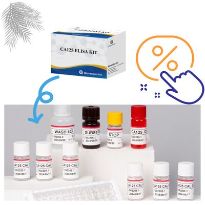 উচ্চ সংবেদনশীলতা CA125 ELISA টেস্ট কিট 96 টি পরীক্ষা এবং সঠিক ক্যান্সার নির্ণয়ের জন্য 1 ঘন্টা পরীক্ষার সময় সহ